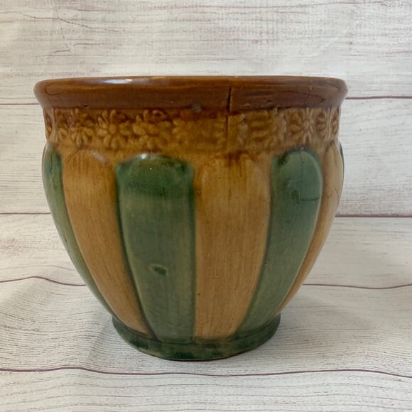 Antique Brown Green Striped Pottery Planter Majolica Glaze Floral Medallions - Picture 4 of 16